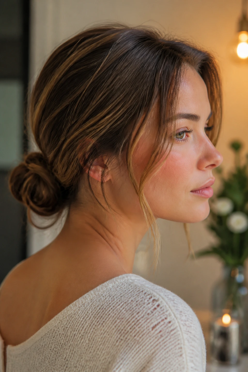 Real person with a low knot hairstyle and soft tendrils framing the face