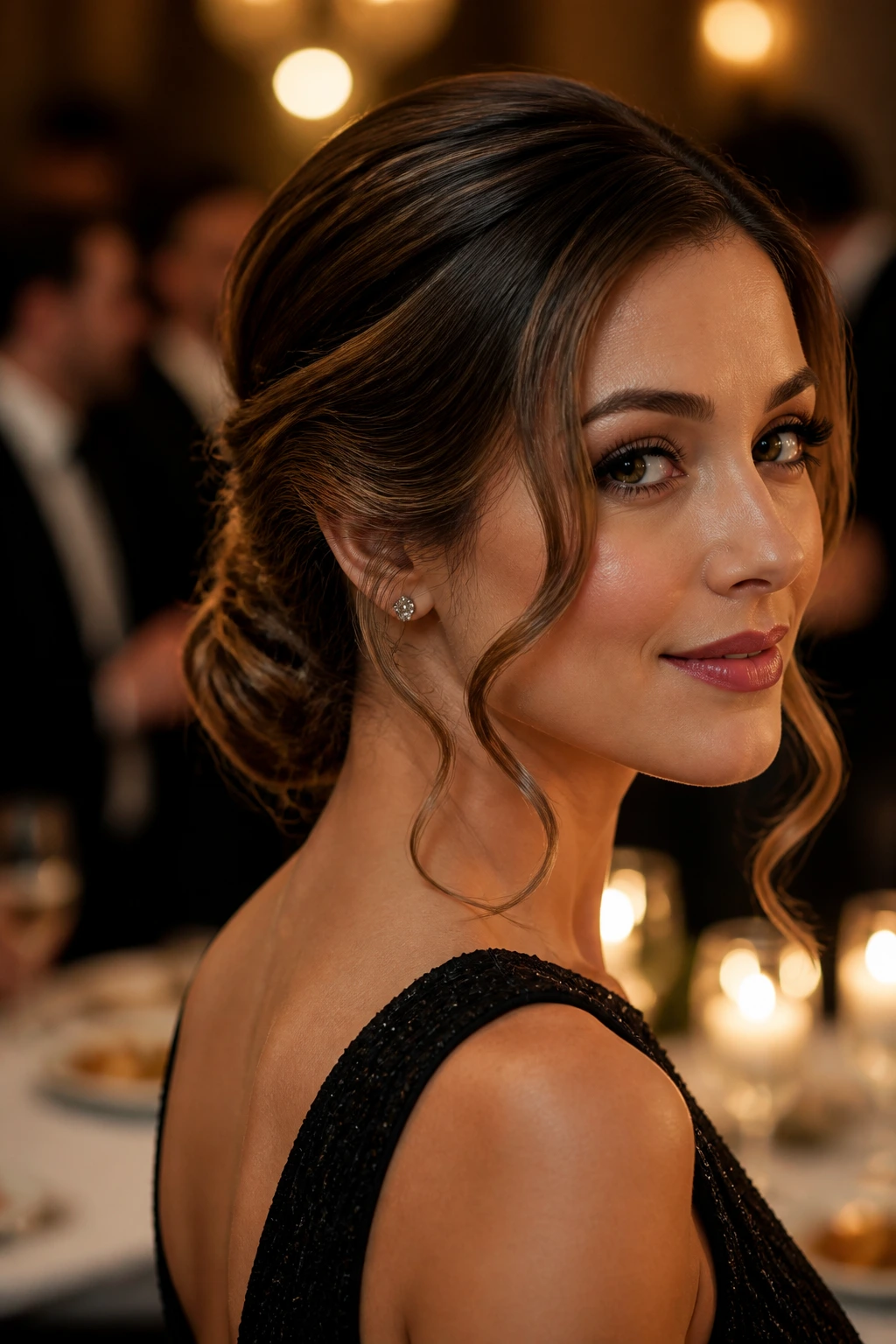 Portrait of a woman showing a low knot with wave-framed tendrils around the face.