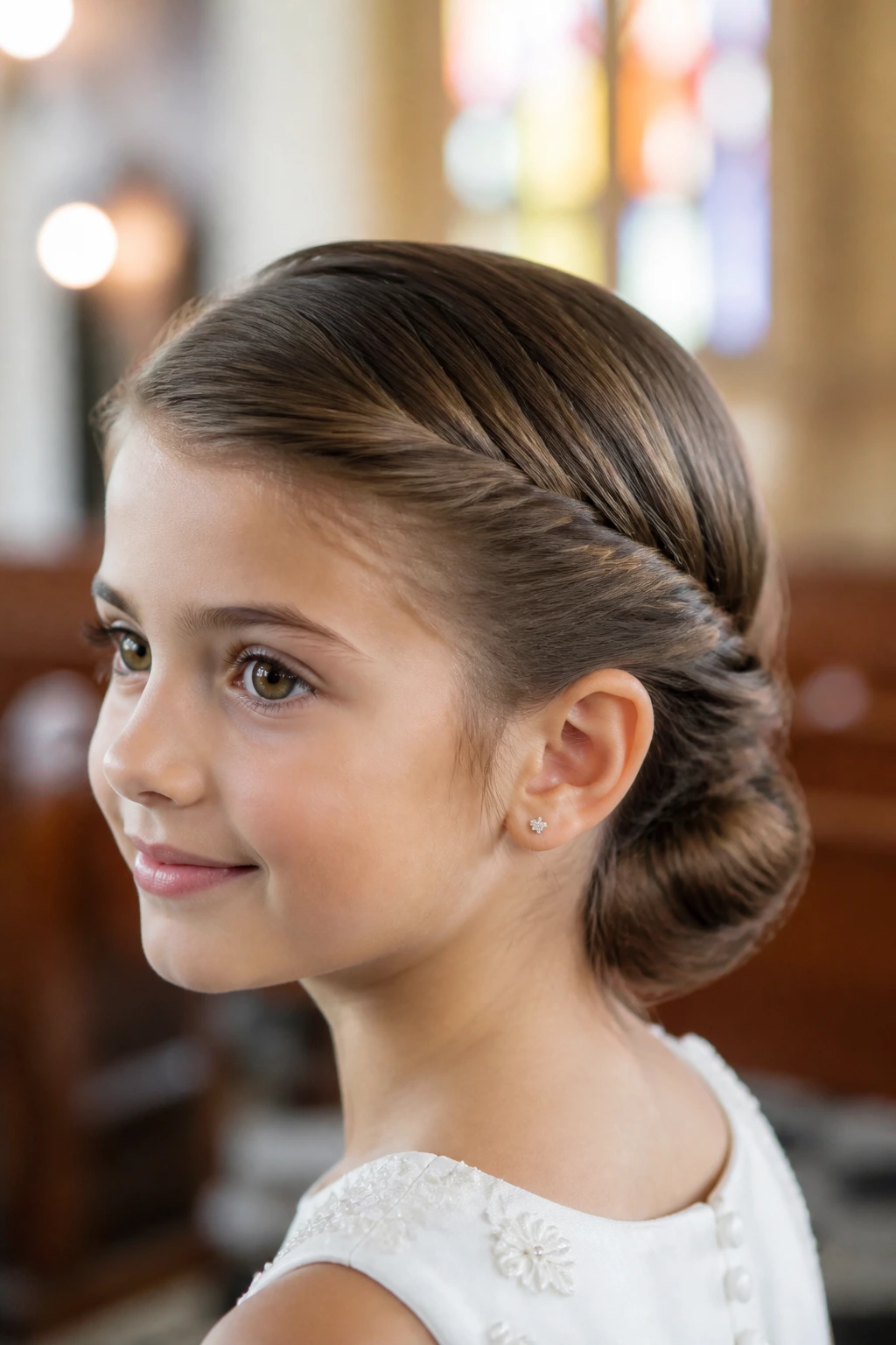 Close-up of a child with a low knot and twisted sides at the temples in church lighting