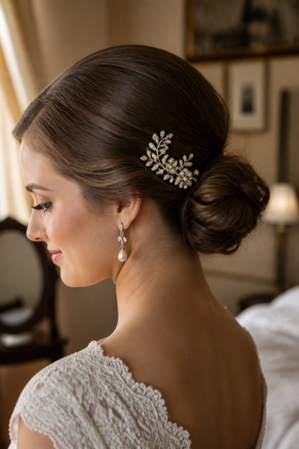 Bride with low knot and side comb updo