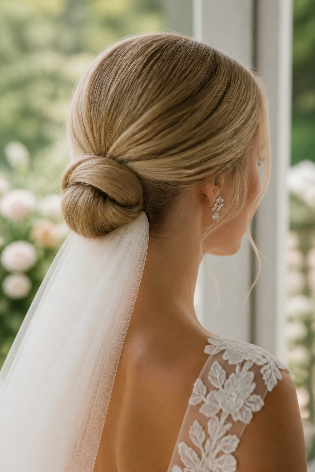 Close-up of a bride's low knot at the nape with veil anchor in soft natural light