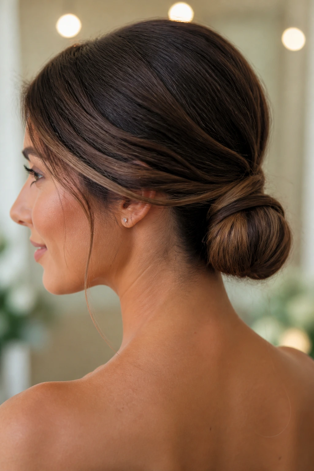Close-up of a real woman with a wrapped low knot at the nape