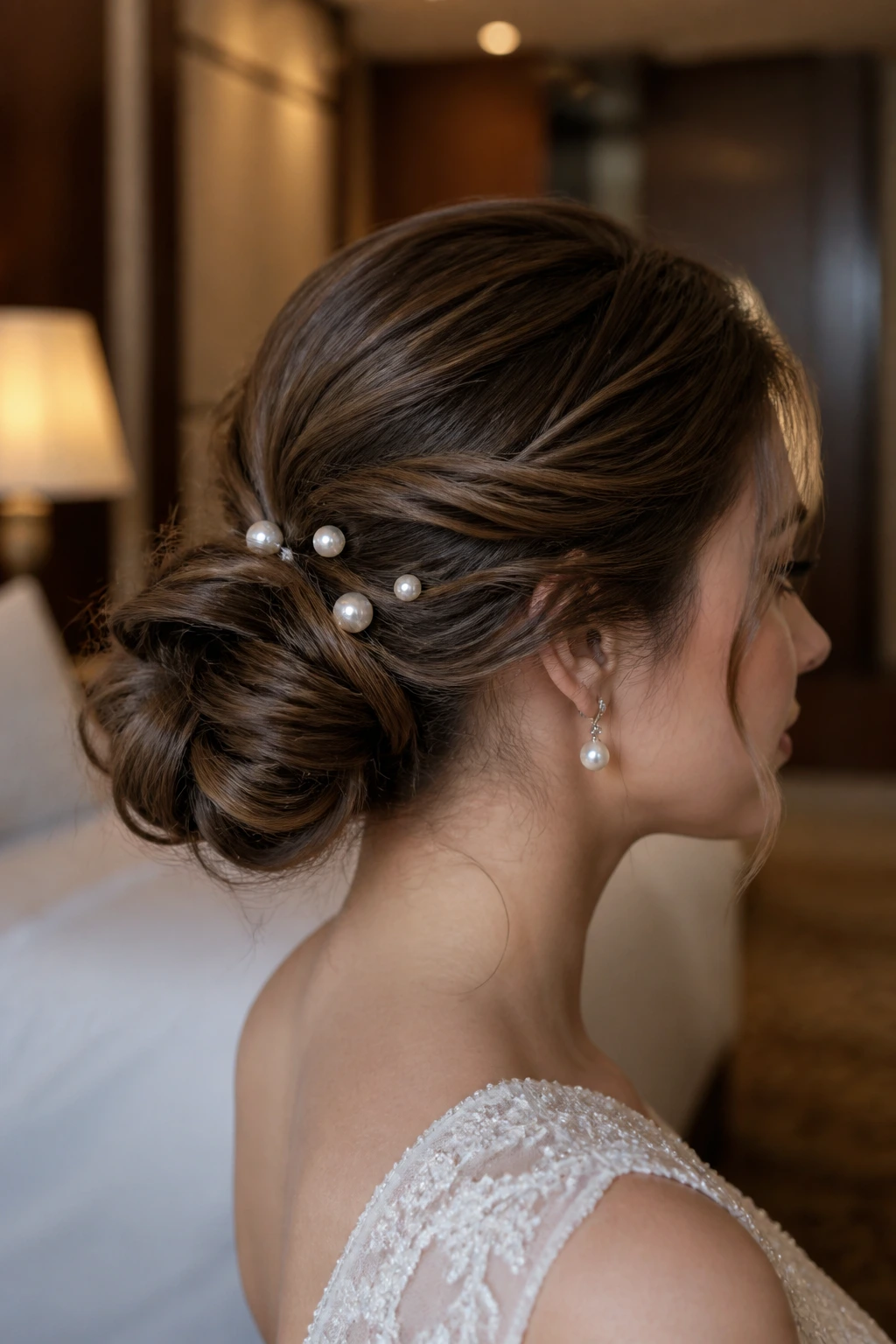 Bride with low knotted bun and pearl pins
