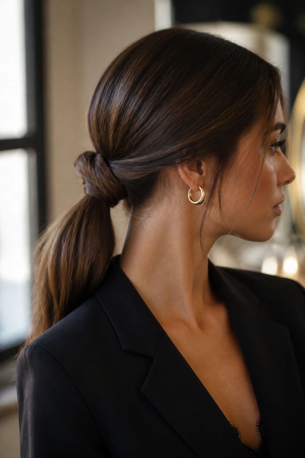 Close-up of a real woman with a low knotted ponytail in stylish setting
