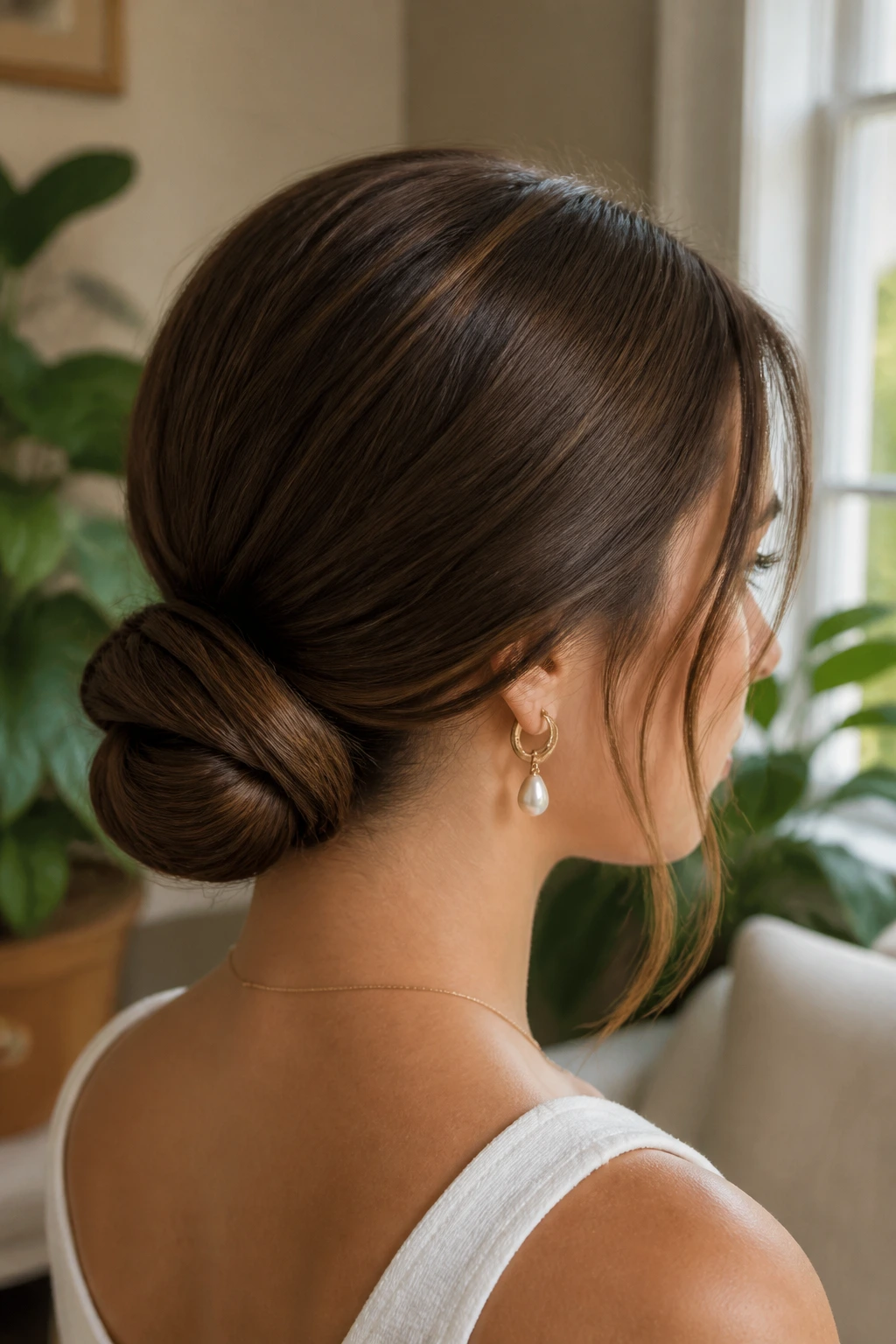 Close-up of a woman with a low loop bun at the nape.