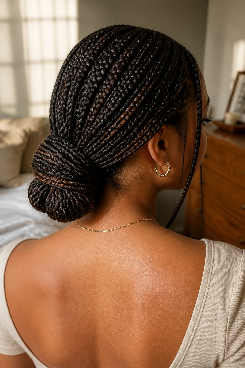 Close-up of a real woman with a low loop bun at the nape