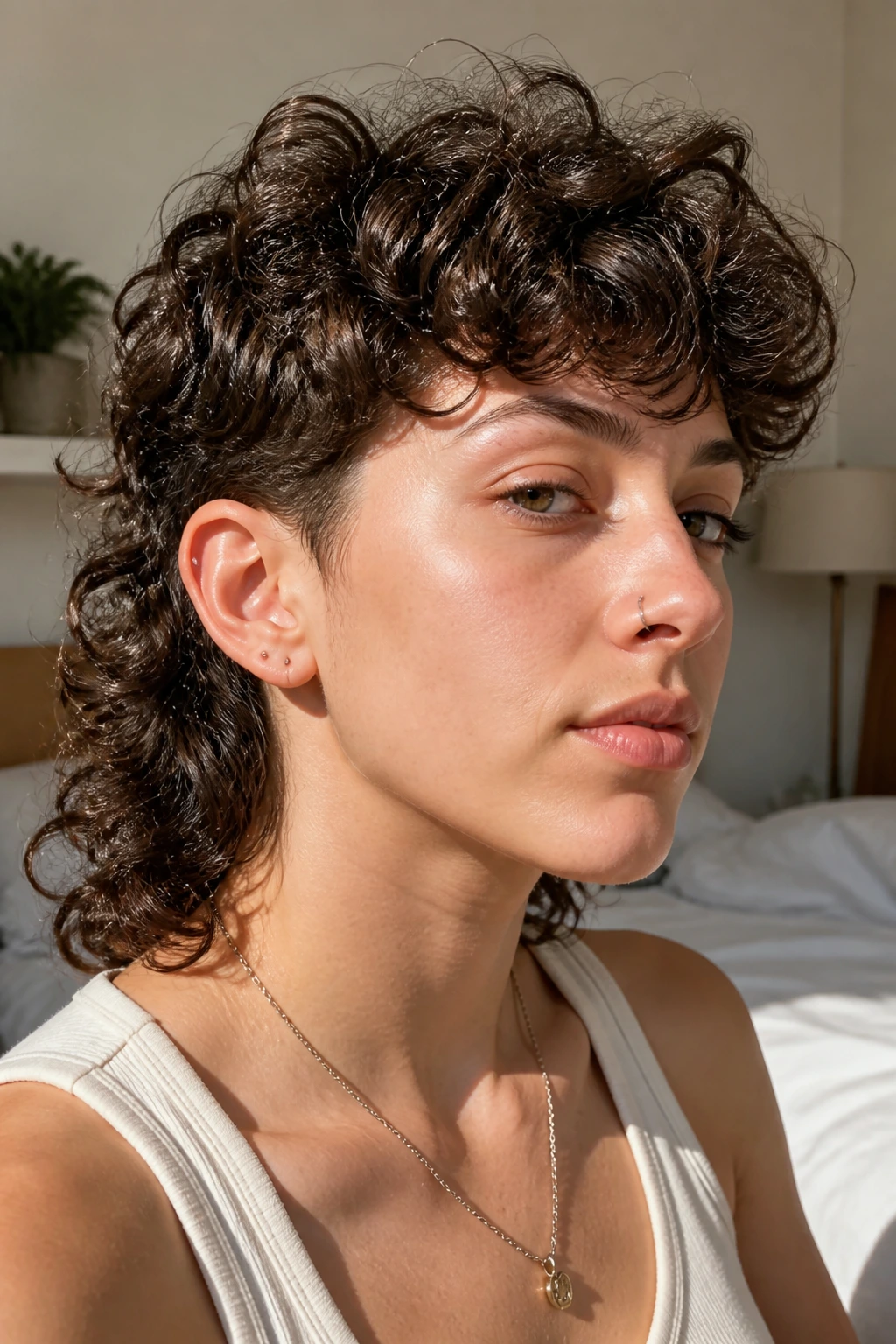Real person with low-maintenance air-dry curly mullet in sunlit bedroom