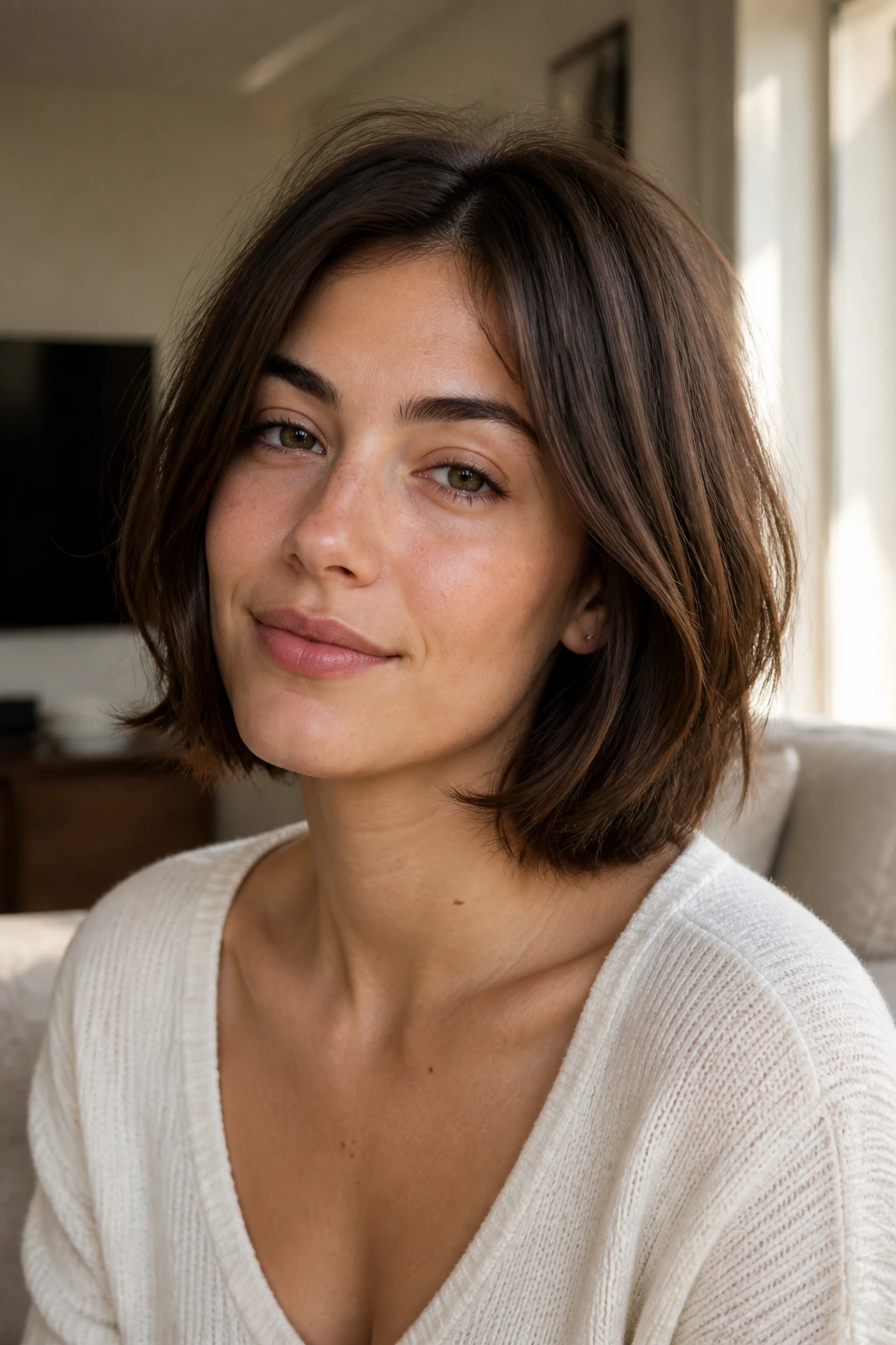 Real woman with a simple, low-maintenance bob in a cozy living room