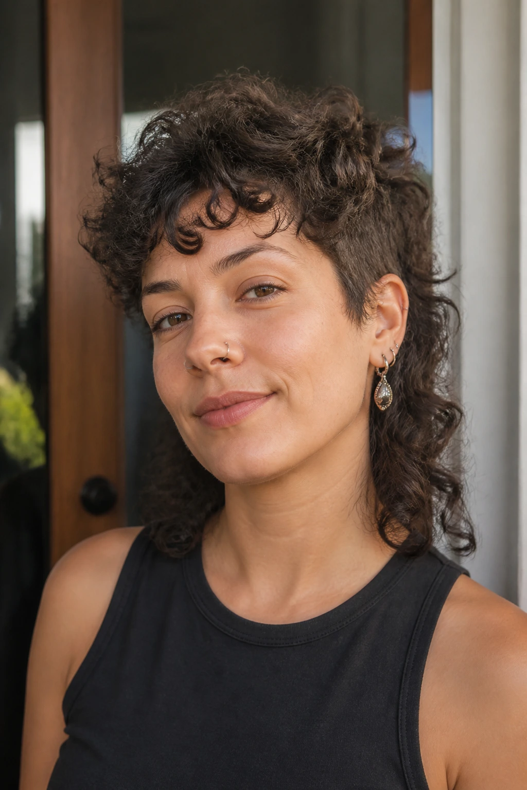 Real person with a low-maintenance curly mixie hairstyle in natural daylight