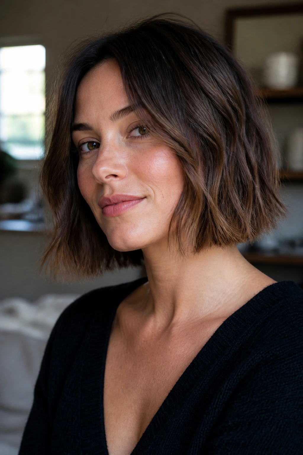 Real woman with low-maintenance day-two bob in natural light