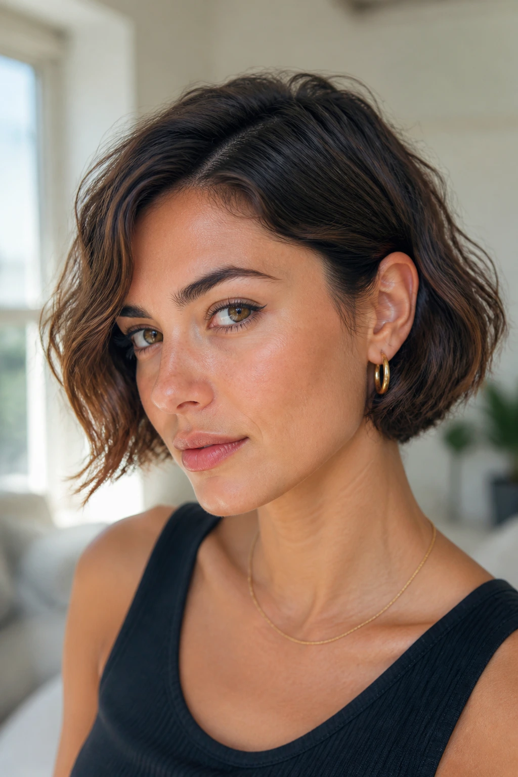 Close-up portrait of a real woman with a low-maintenance grow-out bob in a bright living room.