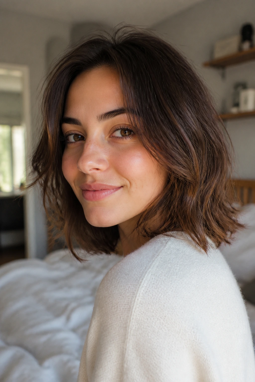 Close-up portrait of a real person with a low-maintenance haircut and air-dried texture
