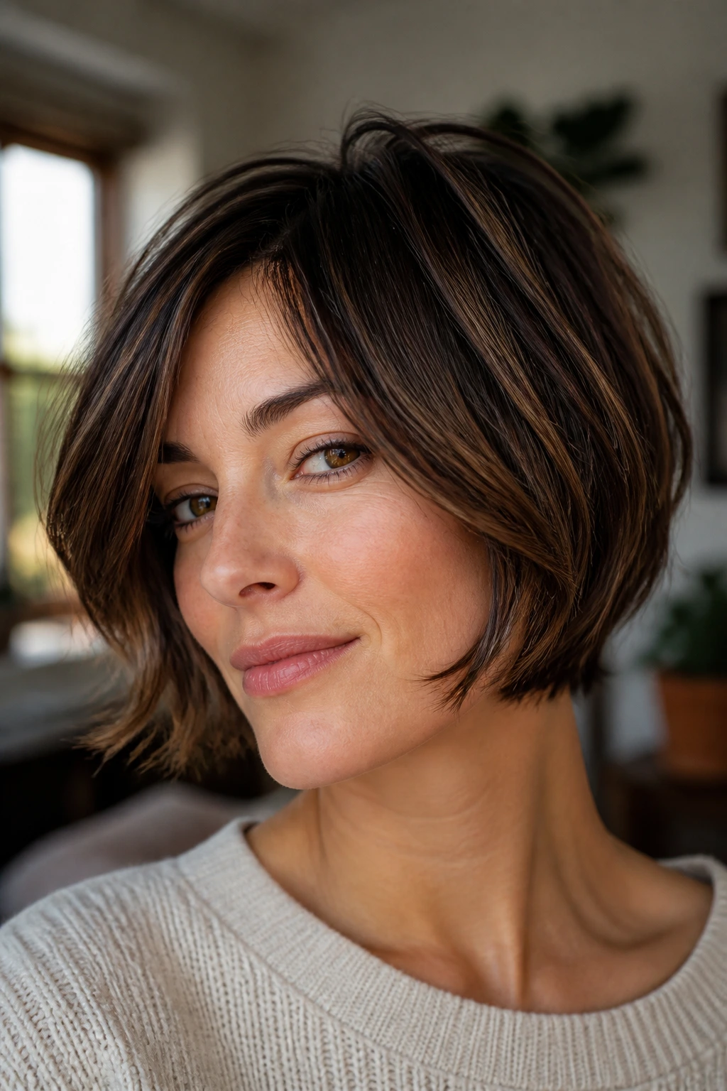 Real person with layered bob in cozy room showing easy maintenance and clean edge