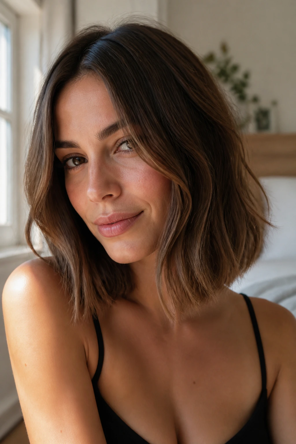 Close-up of a real woman with a soft-ended collarbone-length lob