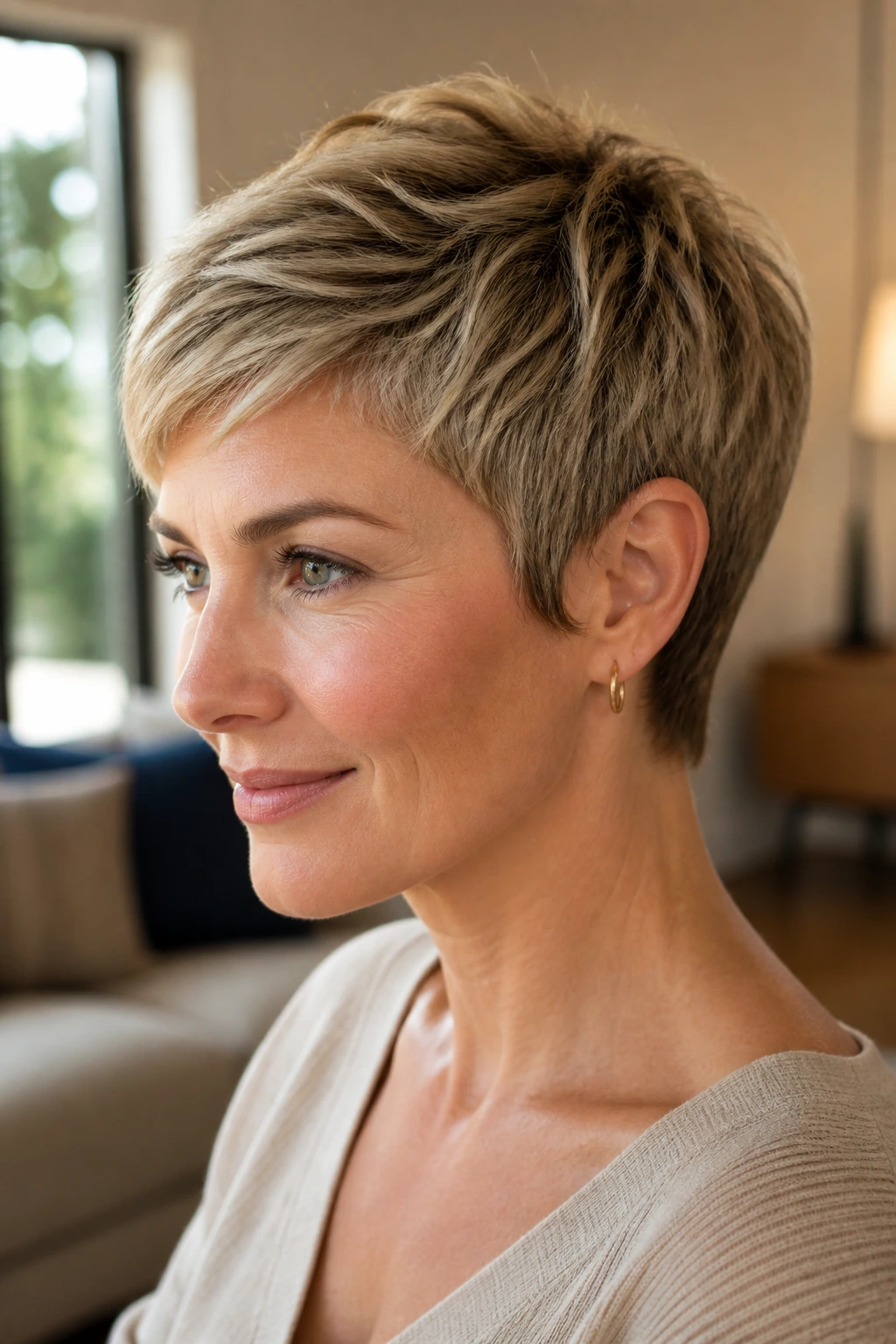Portrait of a real woman with a neatly shaped low-maintenance pixie haircut.