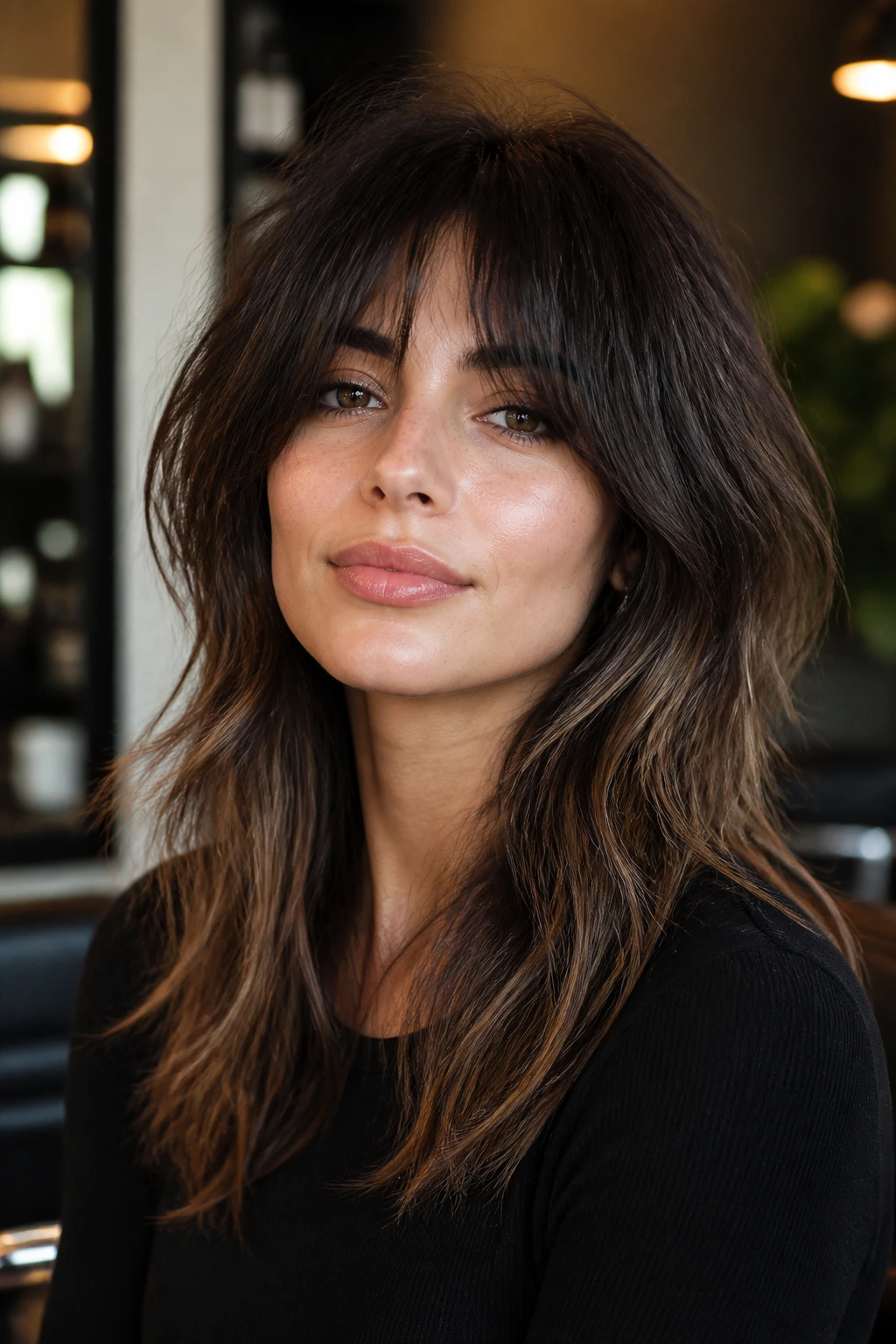 Close-up portrait of a real woman with a low-maintenance salon shag in a modern salon