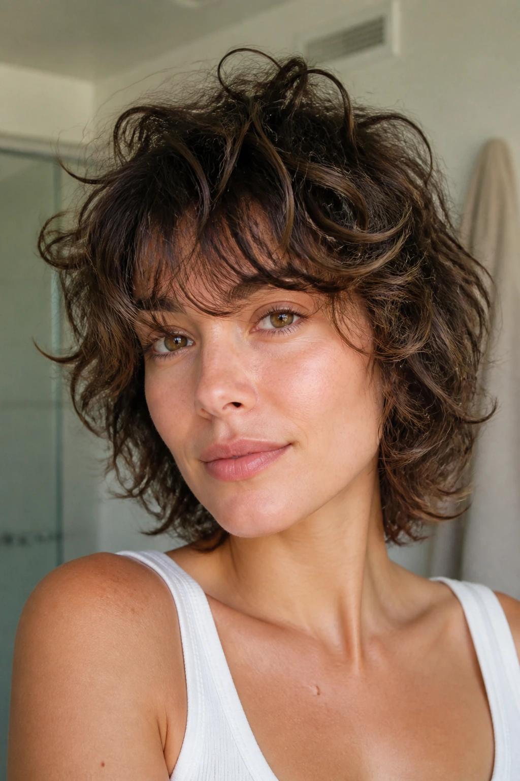 Close-up portrait of a real woman with low-maintenance workweek shag
