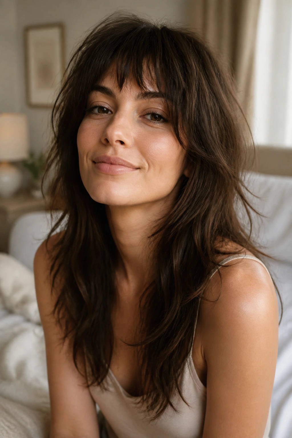 Close-up of a real person with soft layered shag in natural light