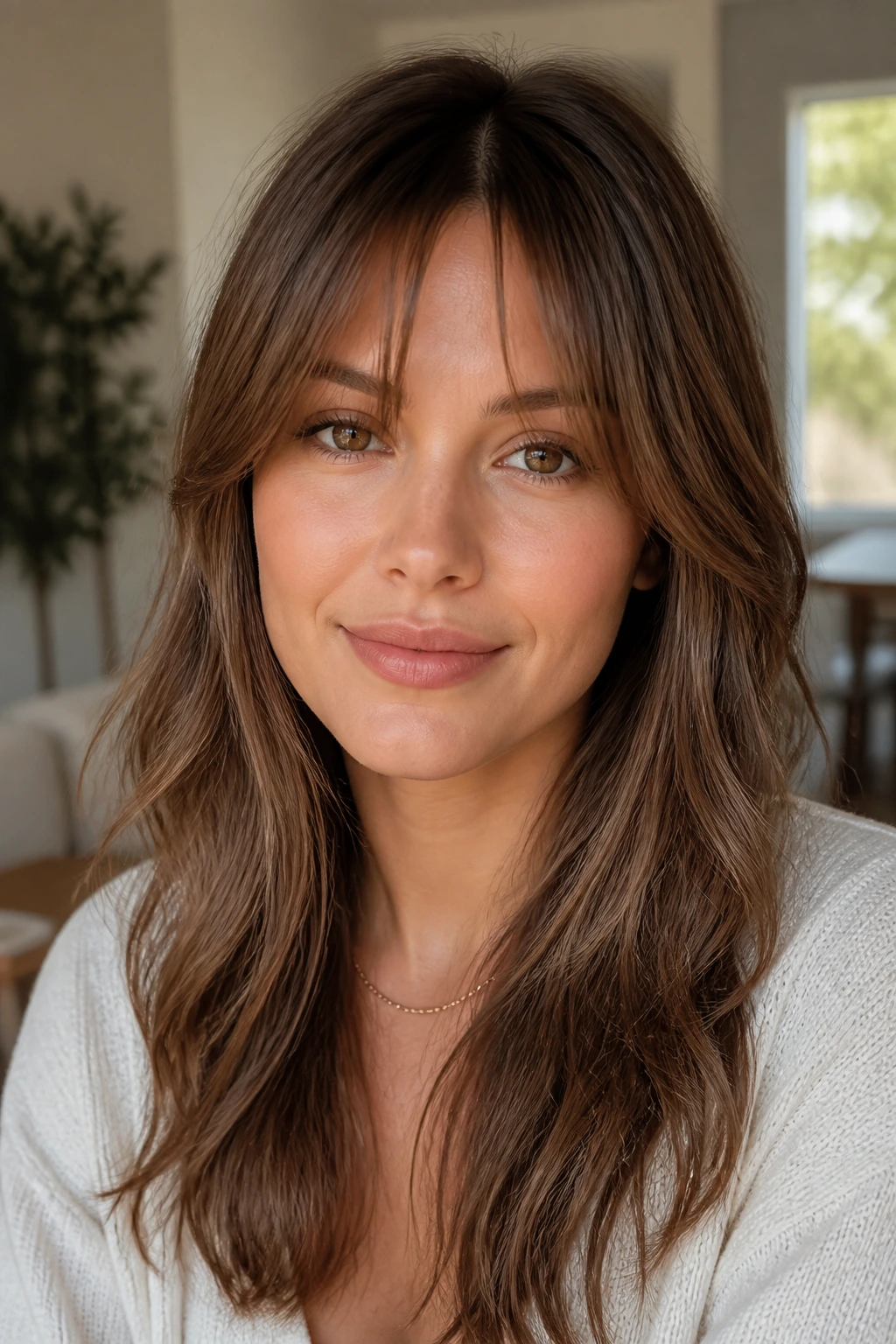 Close-up of a real person with low-maintenance soft bangs