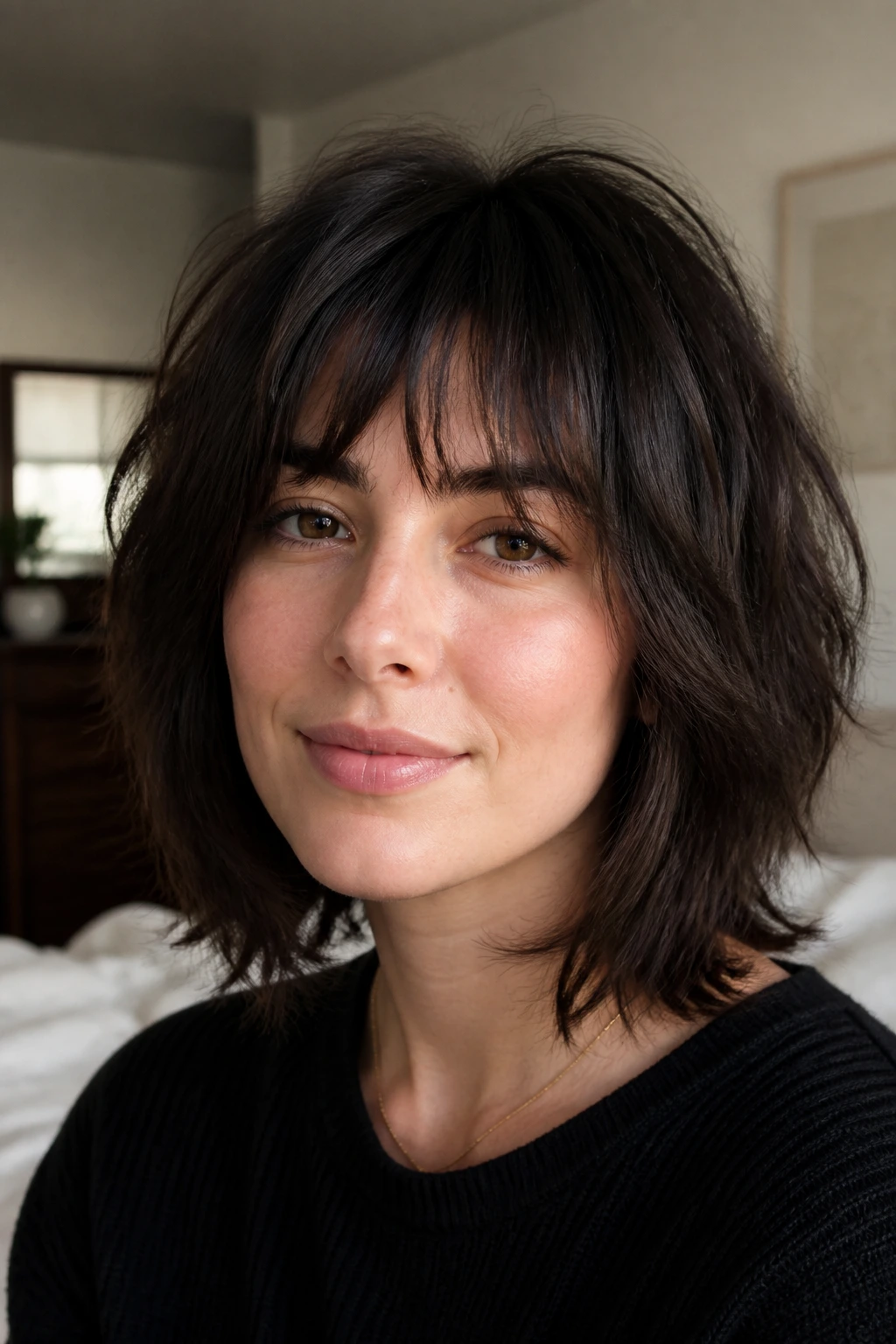 Portrait of a real person with low-maintenance square-outline shag