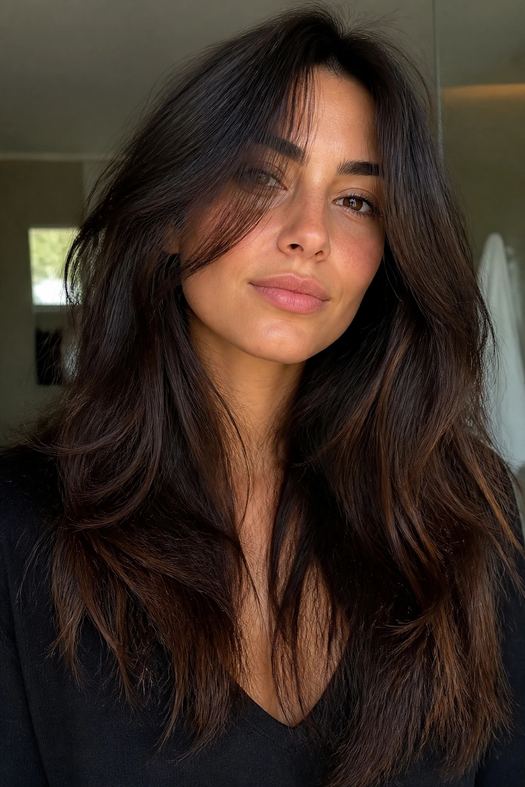 Close-up of a real person showing a low-maintenance long choppy cut on thick hair
