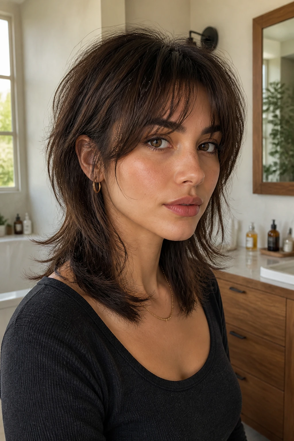 Close-up portrait of a real woman with a low-maintenance wolf cut.