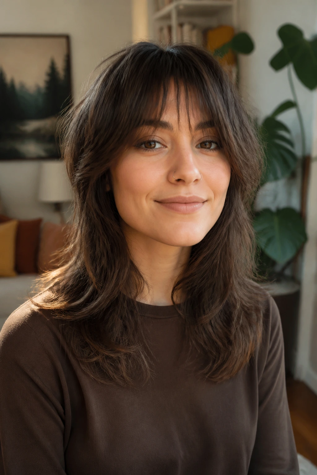 Close-up portrait of a real person with a low-maintenance wolf cut in warm home lighting