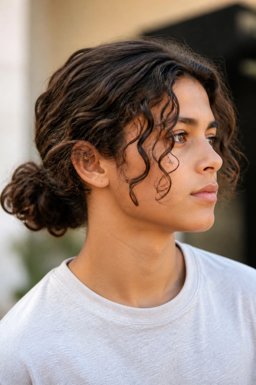 Boy with low man bun and face-framing curls.