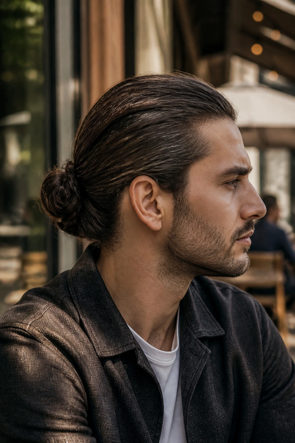 Close-up portrait of a man with a low man bun at the nape in an outdoor cafe setting.