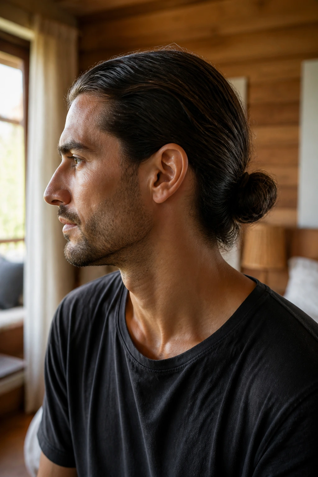 Close-up portrait of a real man with a low man bun at the nape in a warm bedroom setting.