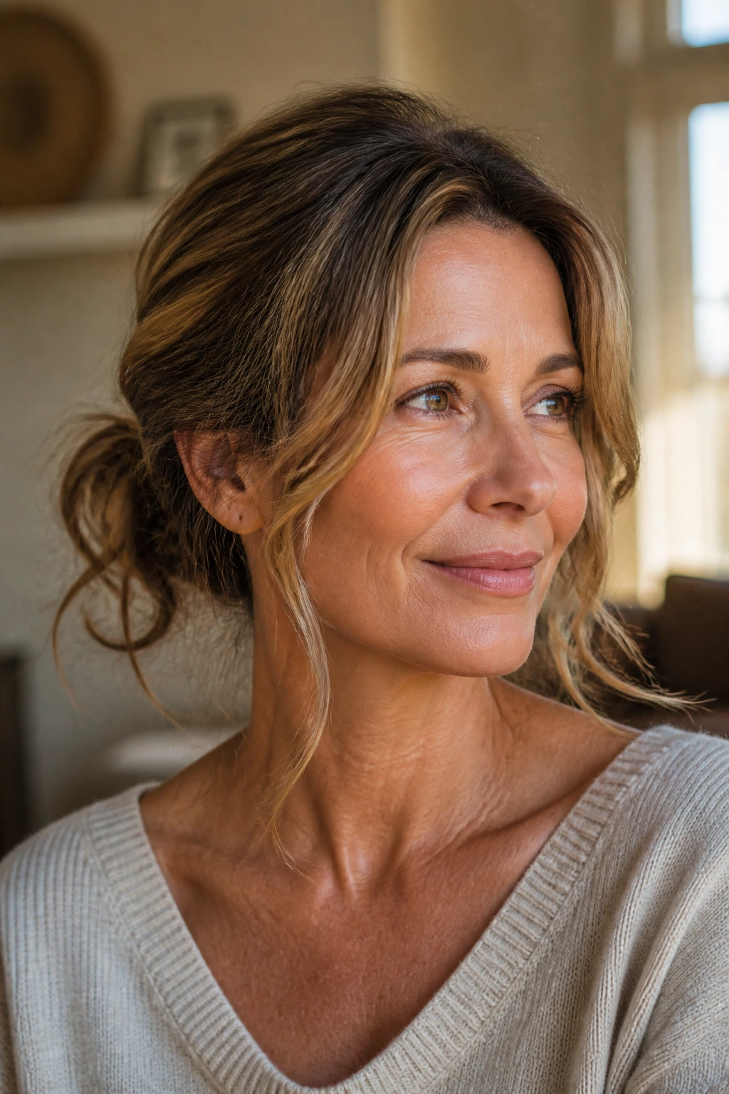 Close-up of real woman with a low messy bun and face-framing strands in a sunny living room