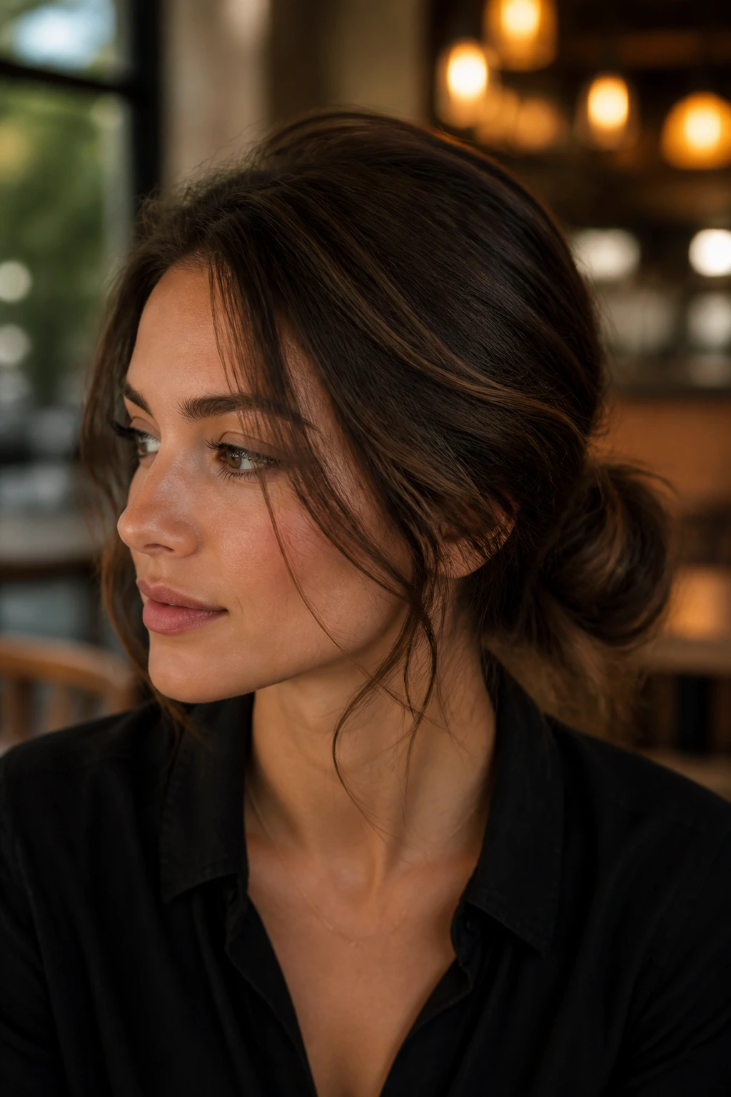 Close-up of a real woman with a low messy bun and side volume