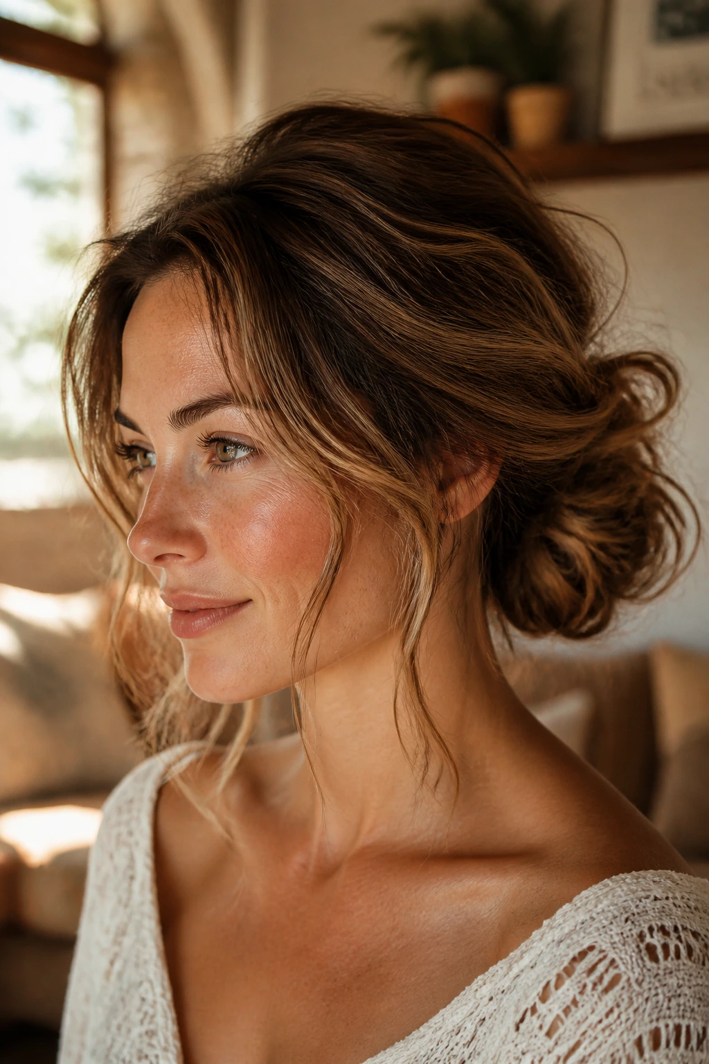 Portrait of a real woman with a low messy bun and wavy tendrils in a sunlit room