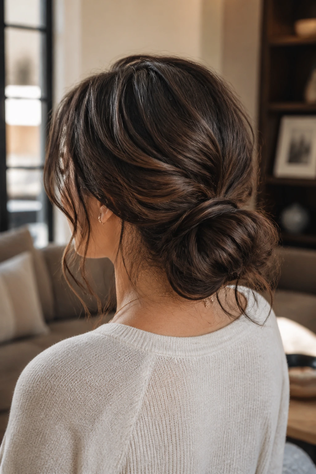 Rear view of a real woman with a thick-textured low bun at the nape.
