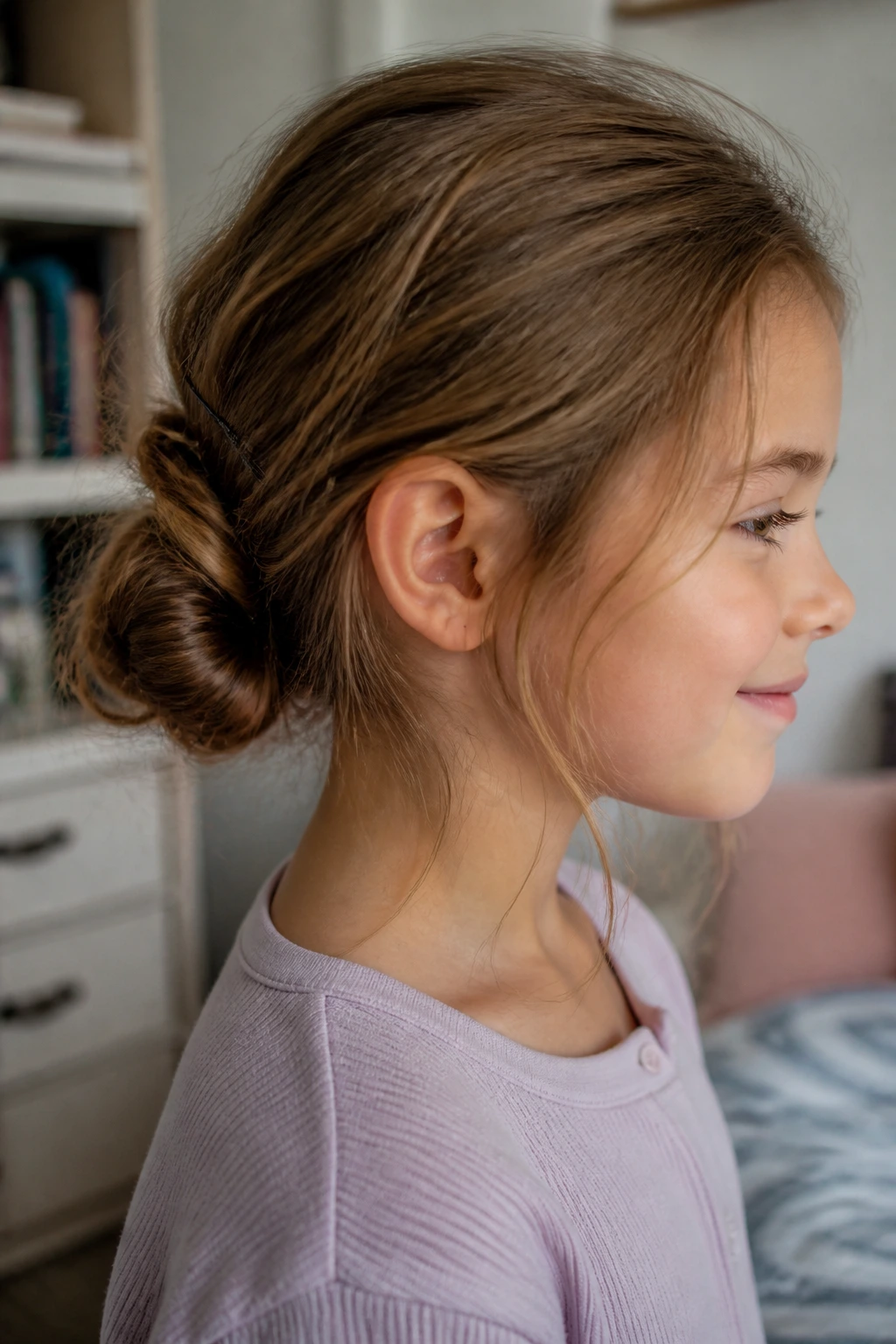 Child wearing a low messy bun with tucked ends in natural light