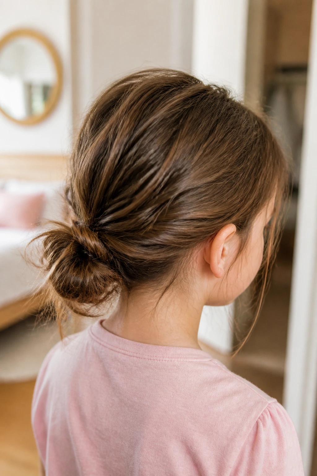 Low nape messy bun on a child's head from a rear-side view