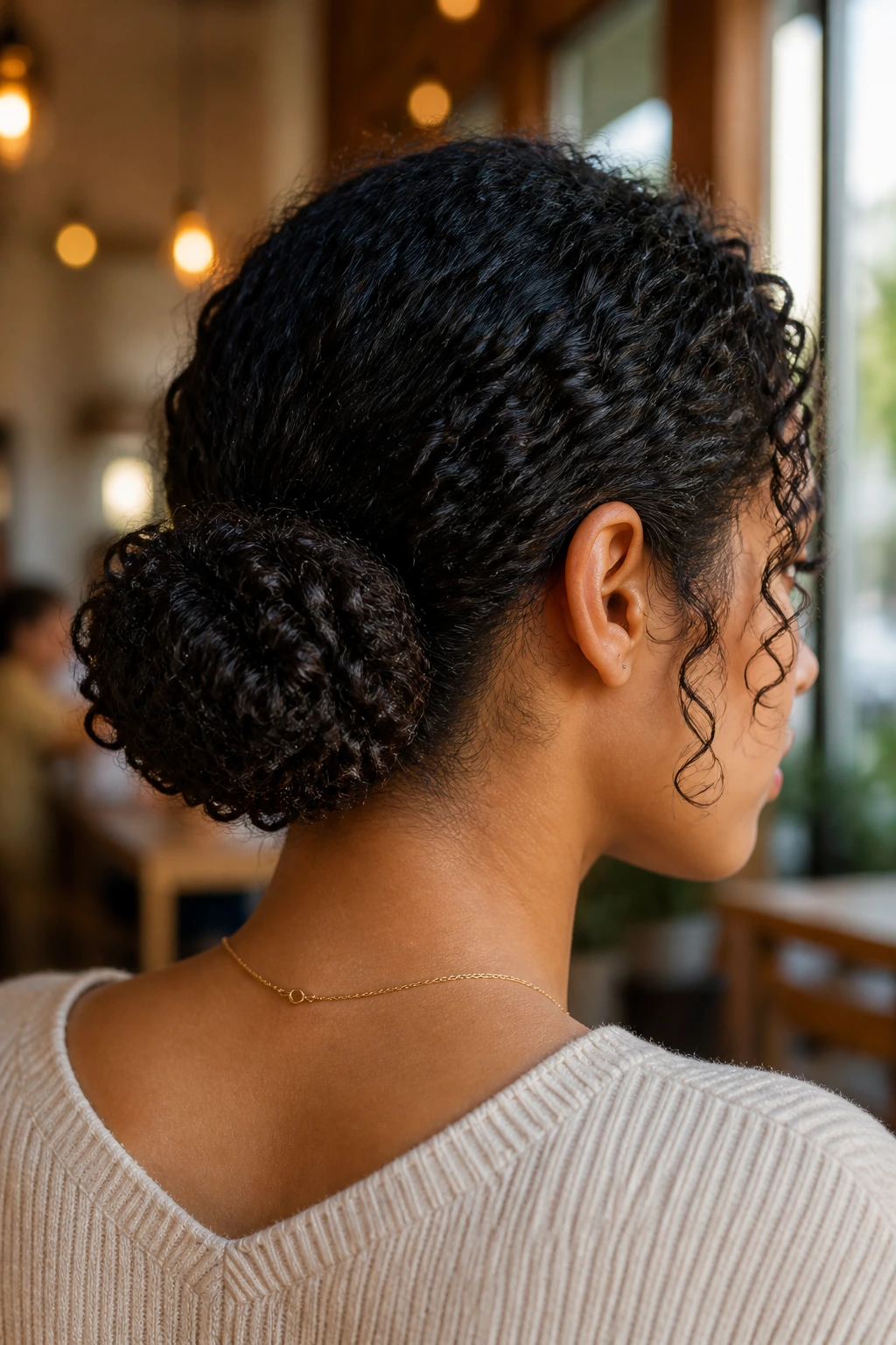 Profile view of a woman with a low nape coil bun