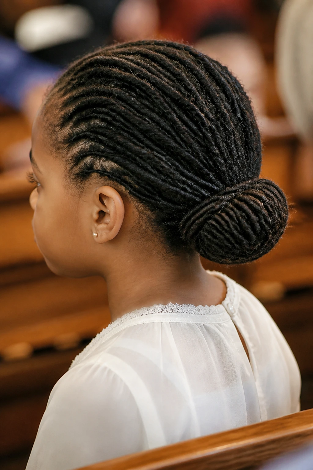 Child with a low nape bun locs at the back of the head.