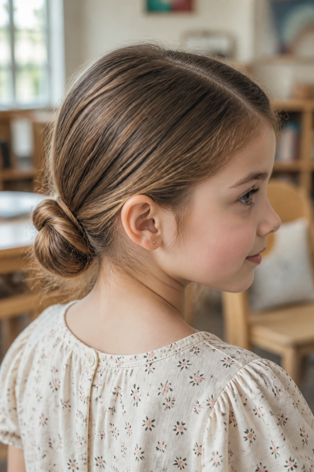 Close-up of a real child with a low nape chignon bun at the neck