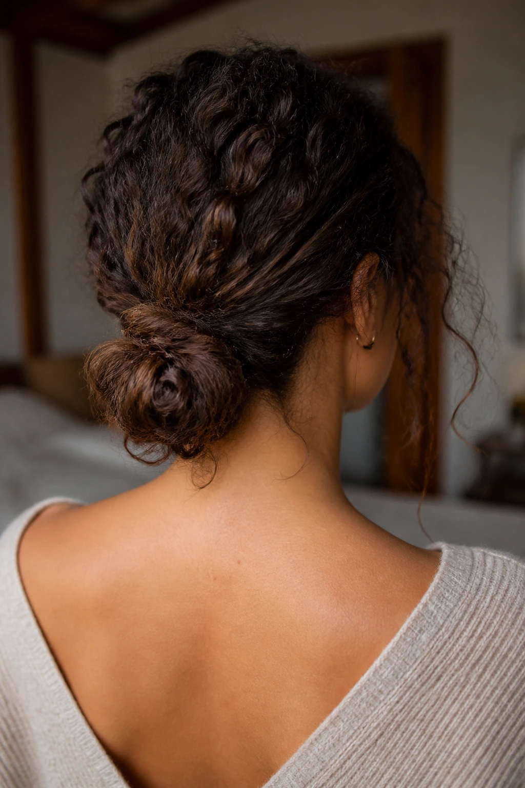 Low nape knot on a real person, close-up neck and bun