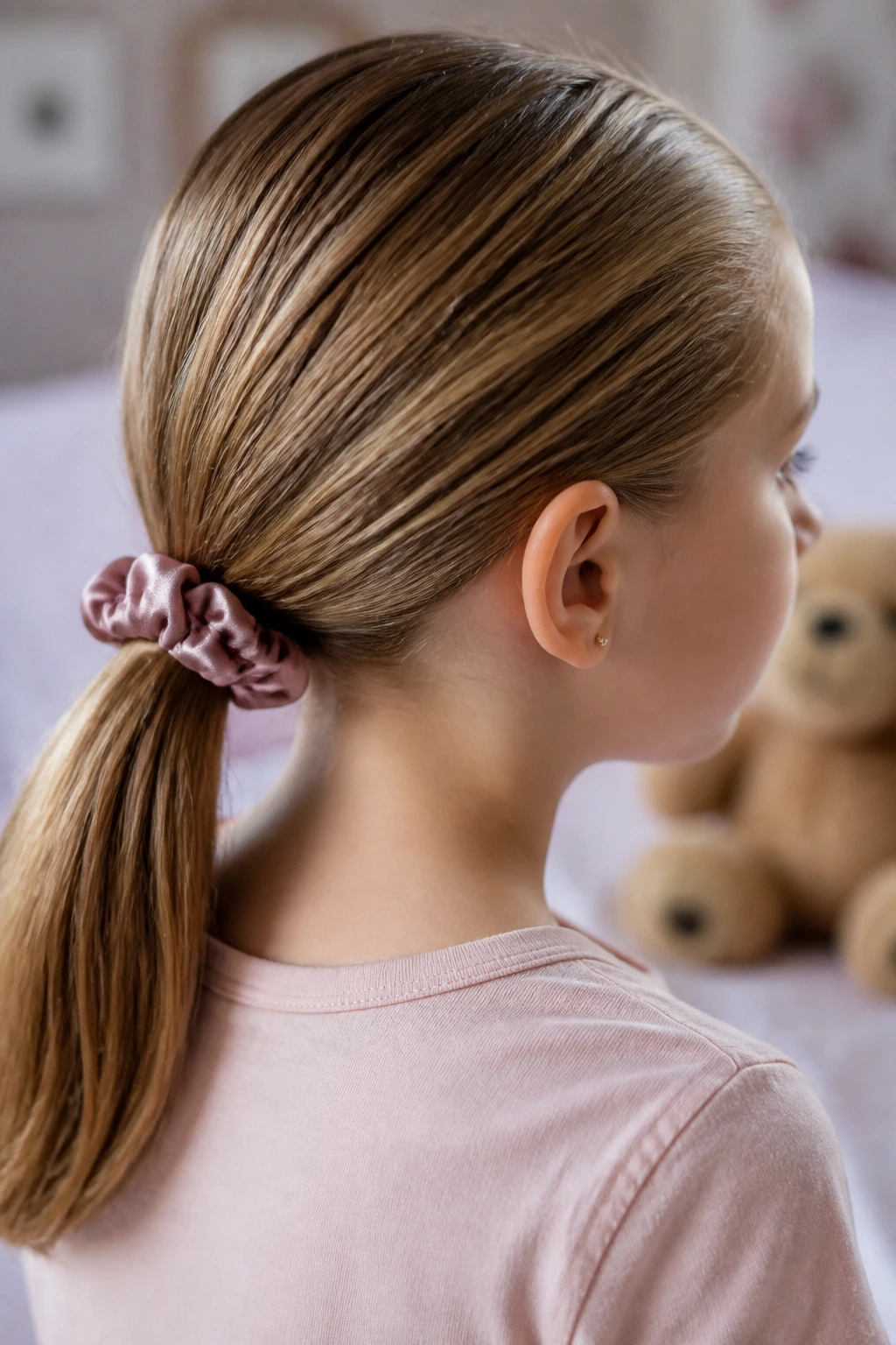 Portrait of a child wearing a low nape pony near the neck