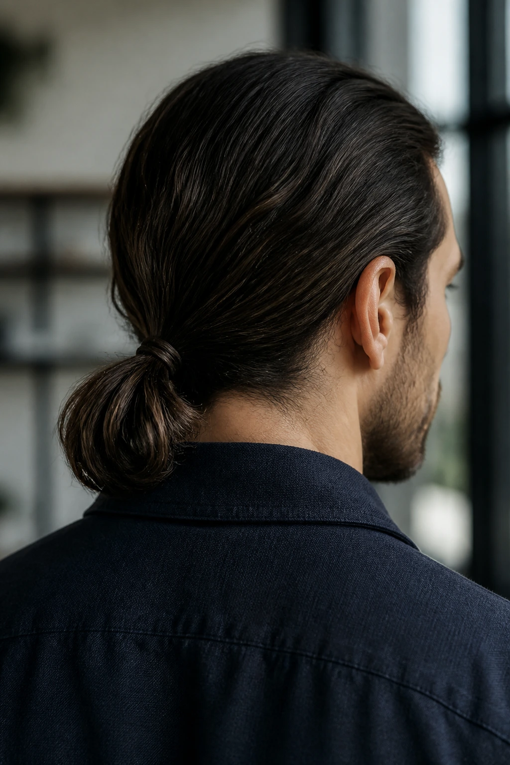 Back view of a man with a low nape ponytail at the base of the skull