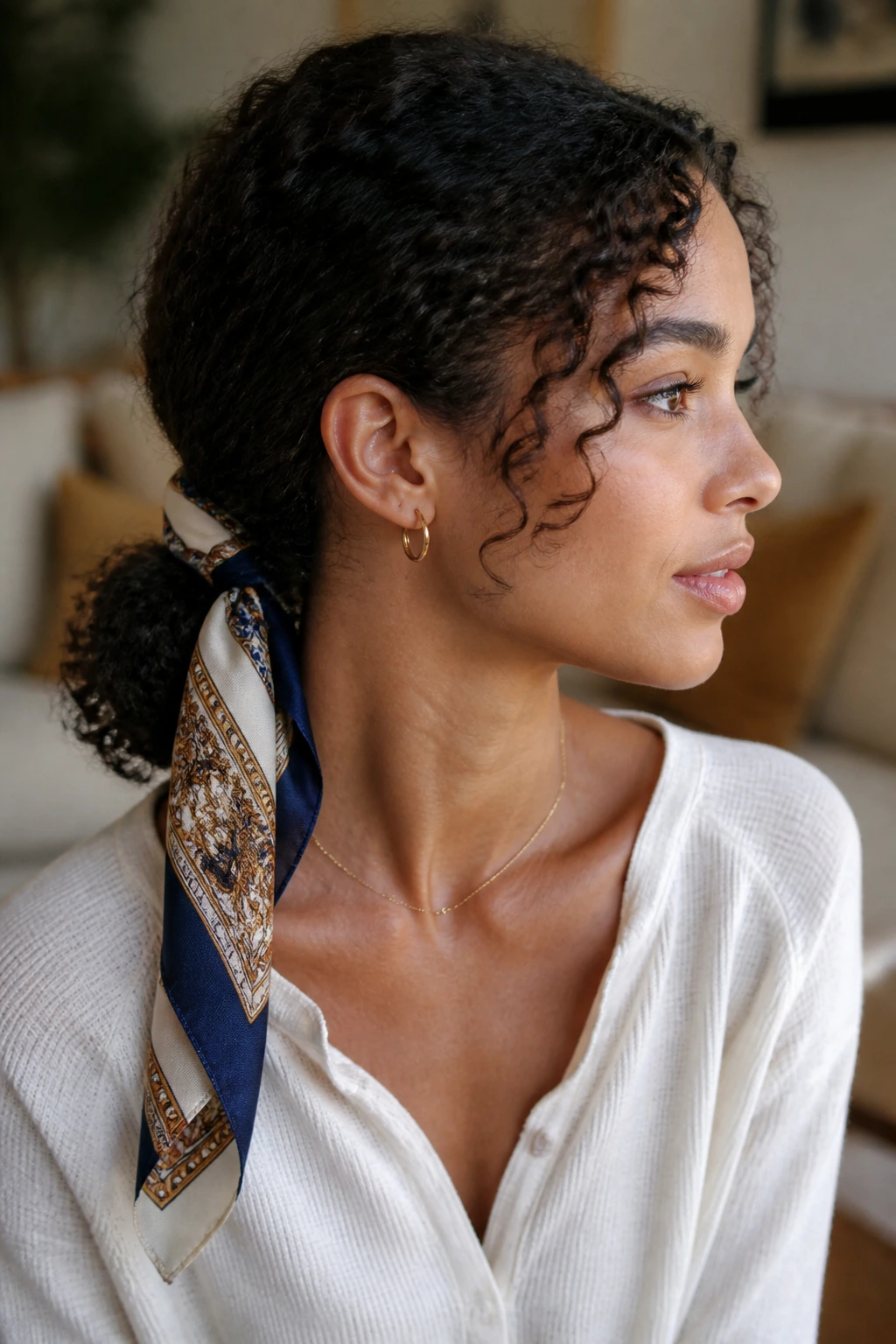 Close-up of a low nape ponytail with a silk scarf at the base on a real woman in a cozy living room.