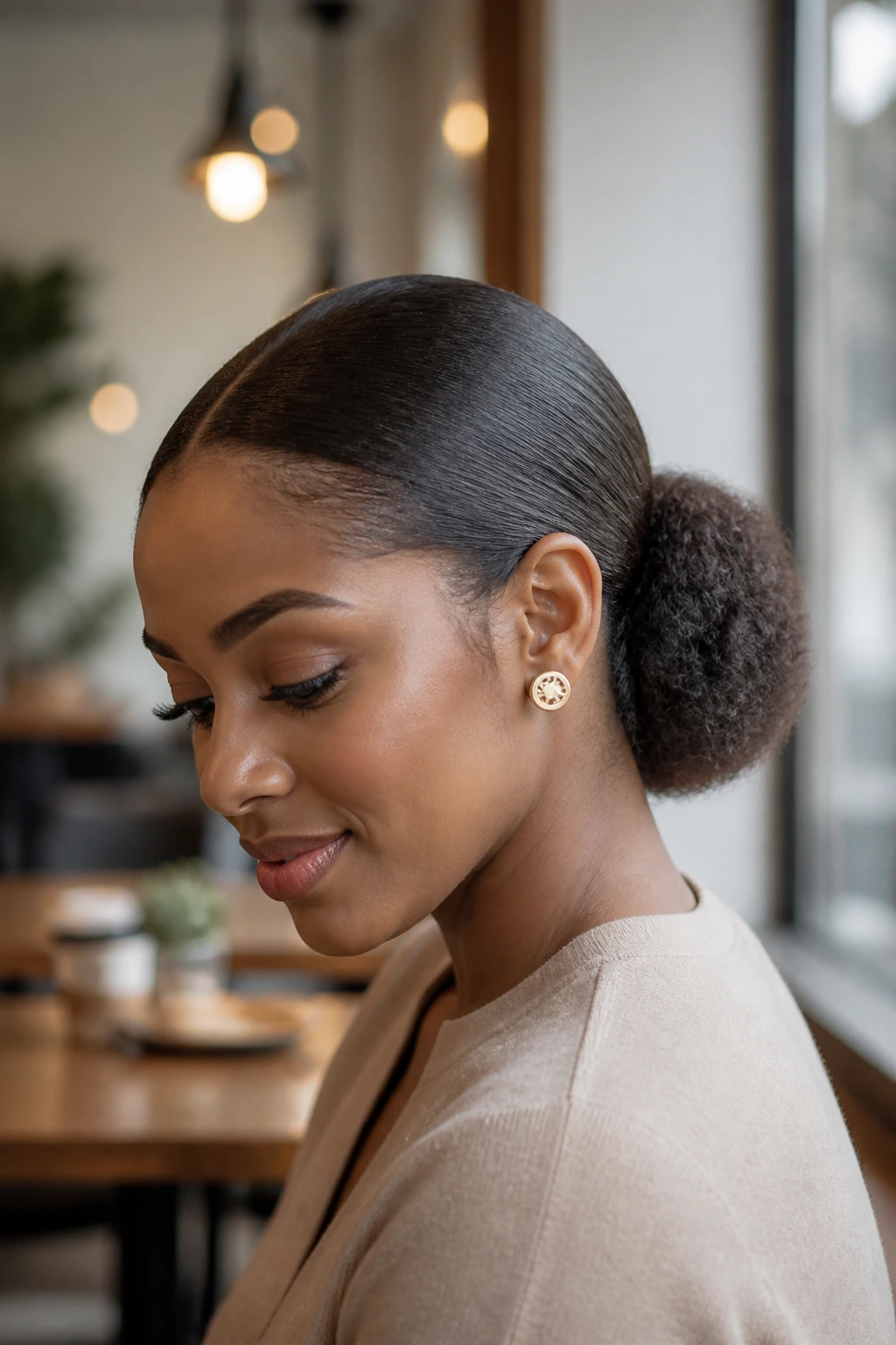 Close-up of a low nape puff with sleek base at back of neck