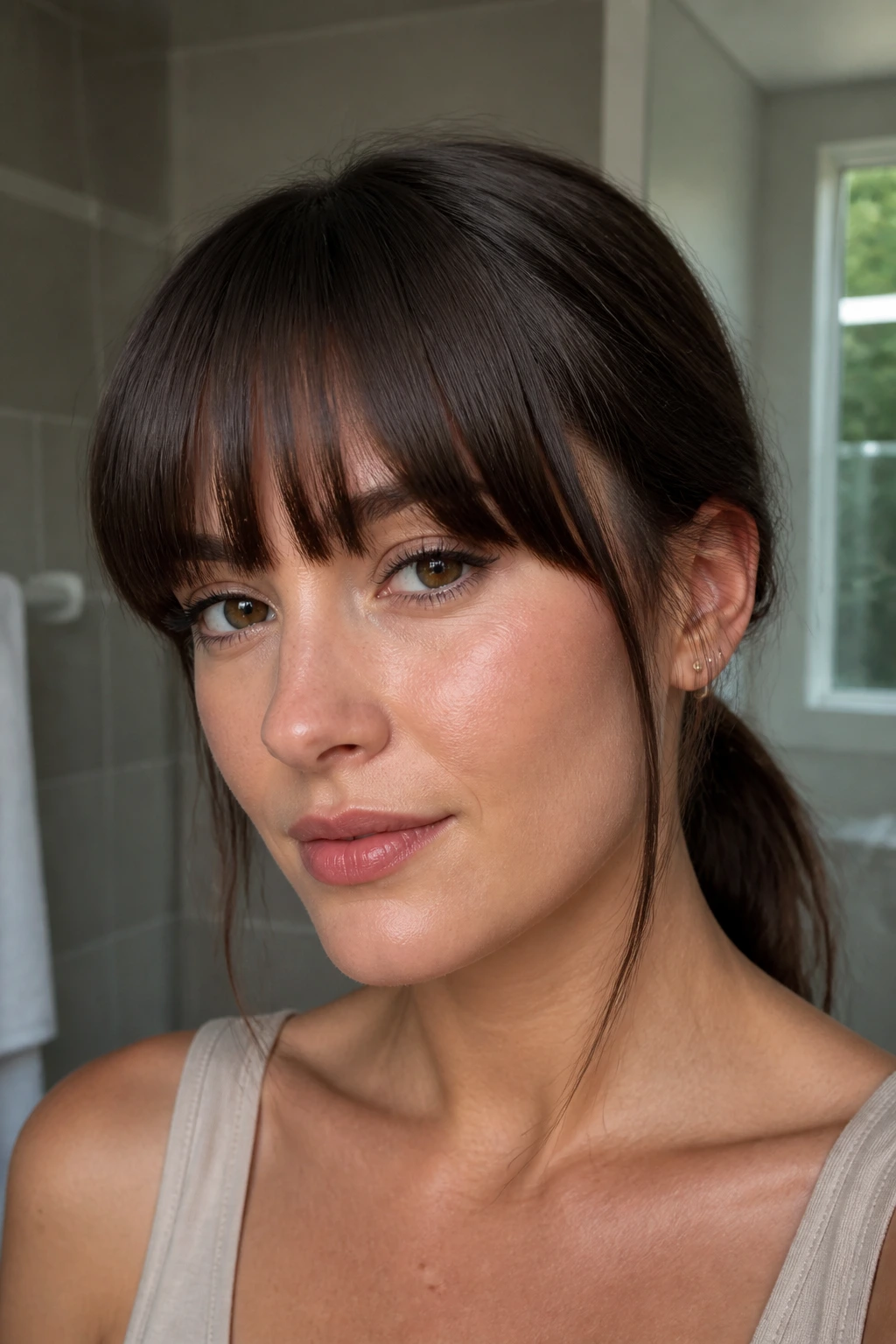Close-up portrait of a real person with straight-across bangs in a low ponytail