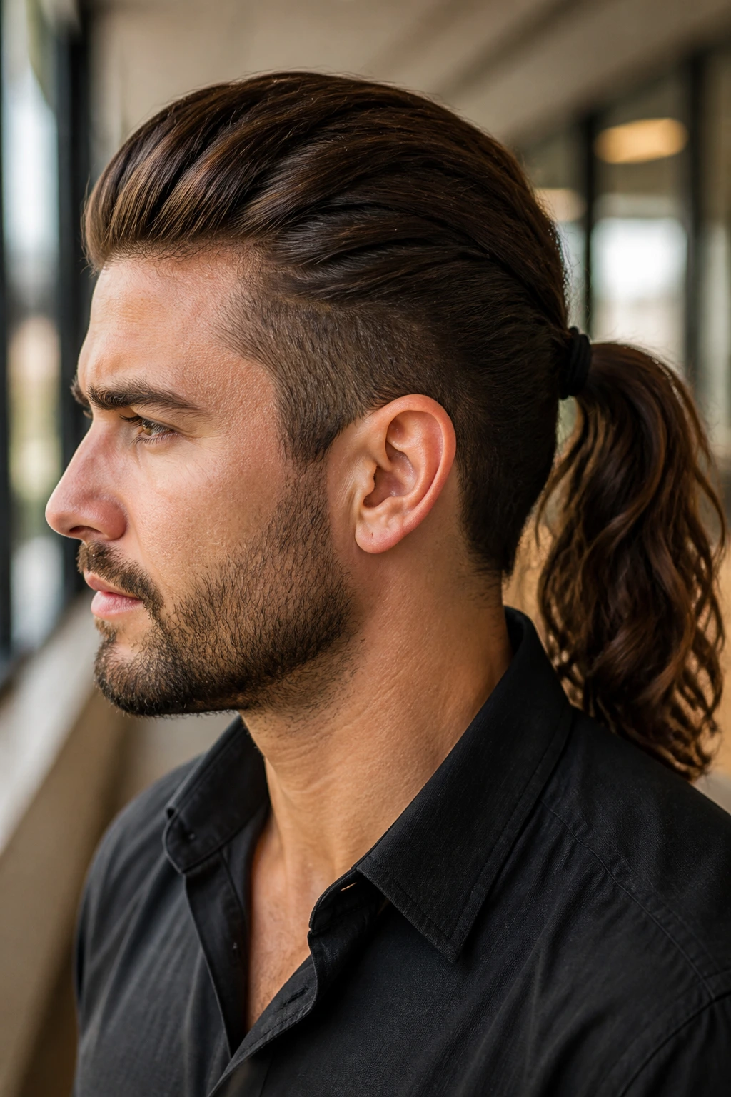 Close-up of a person with a low pony crown mohawk in an office hallway