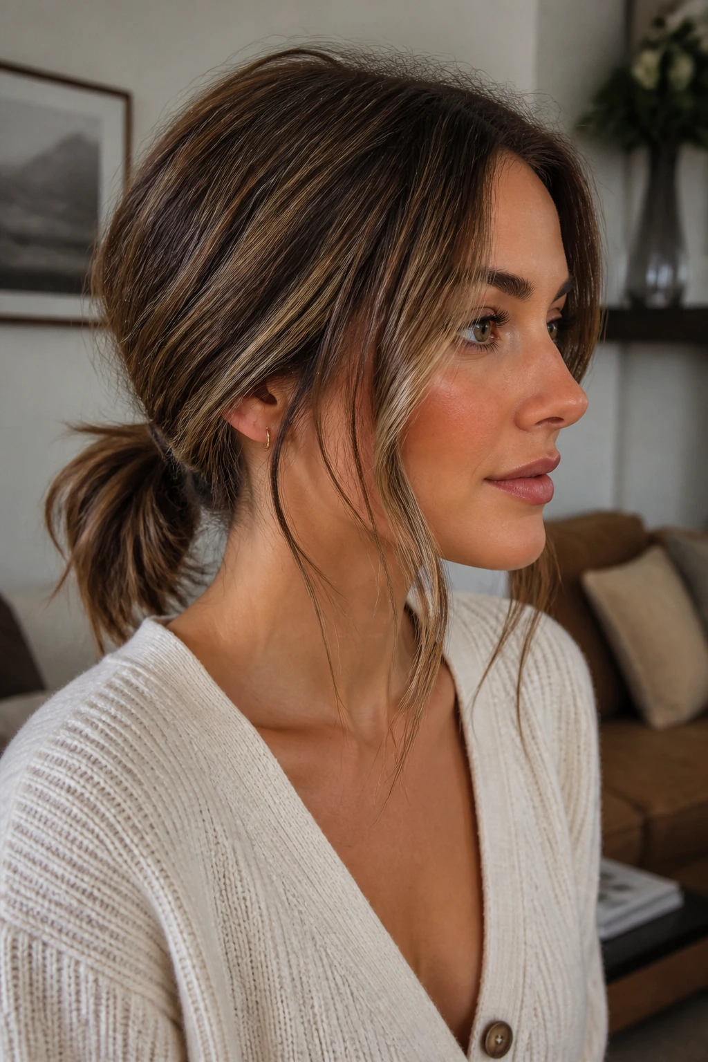 Close-up of a real woman in a low ponytail with face-framing strands