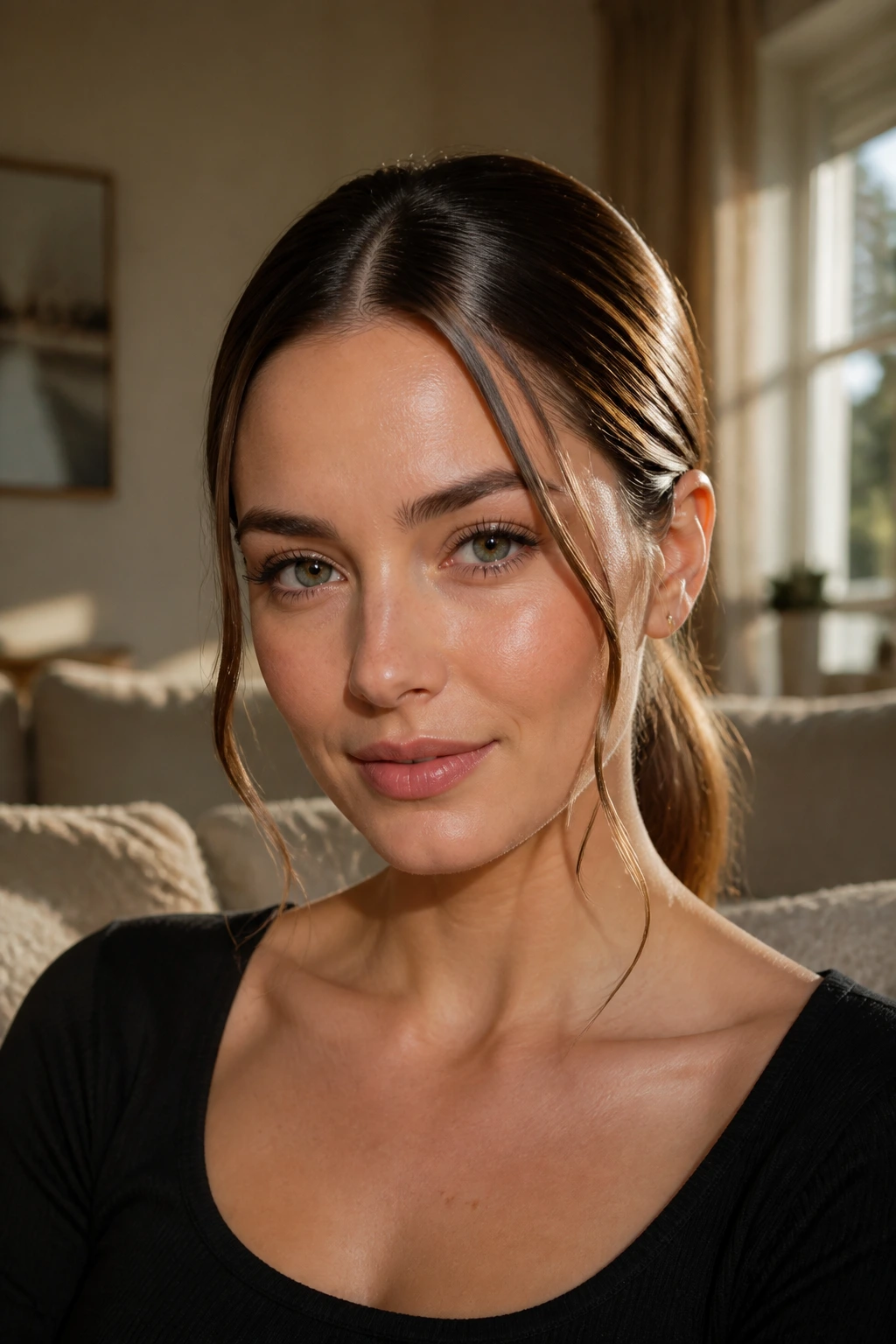 Close-up of a real woman with a low pony and face-framing tendrils