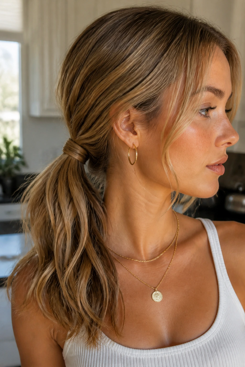 Real person wearing a low ponytail with a wrapped strand at the base