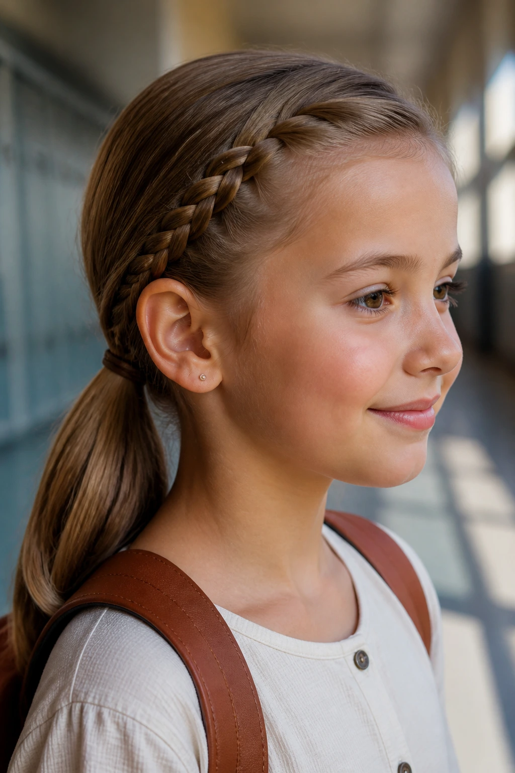 Portrait of a girl with a low ponytail and side accent braid